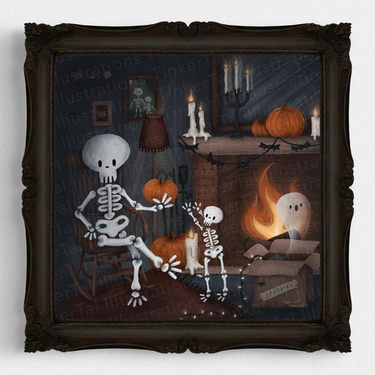 'Skeleton's Library' Halloween Art Print