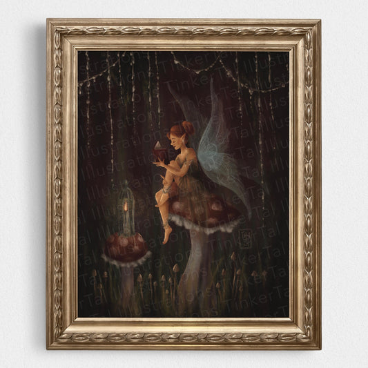 'Whimsical Reading Forest Fairy on a Mushroom' Art Print