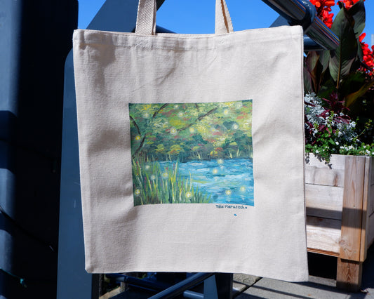 Hand Painted Firefly Pond Tote Bag