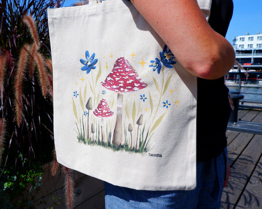 Hand Painted Fairy Mushroom Tote Bag