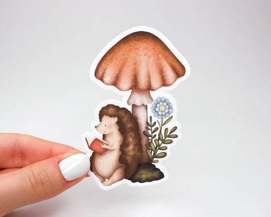 Handmade Hedgehog Reading Under a Mushroom Sticker